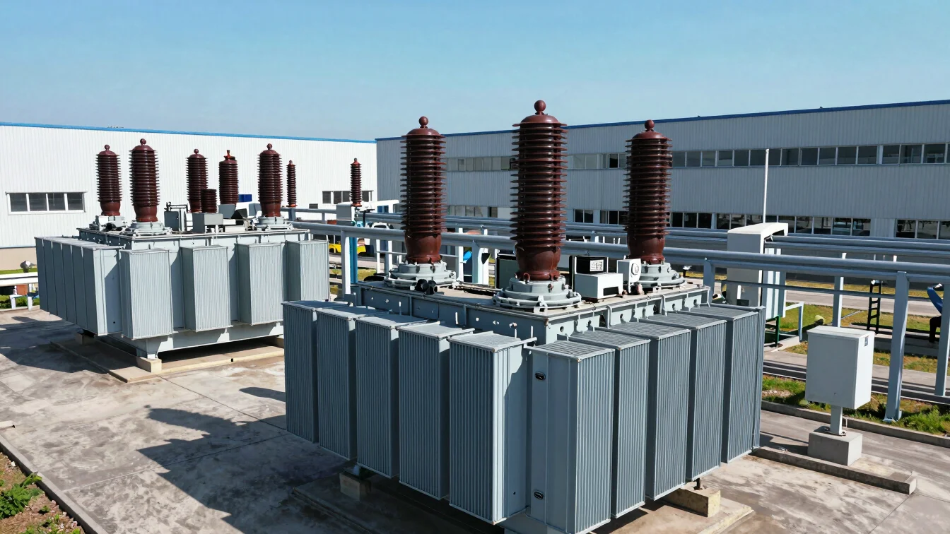 Inverter banks and electrical transformers installed at an industrial plant under direct sunlight.
